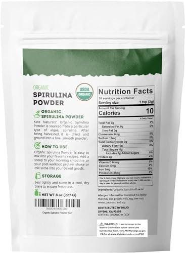 Kate Naturals Organic Spirulina Powder. Nutrient Dense Superfood Supplement (12 oz, USDA Certified, Non-GMO, Gluten-Free)