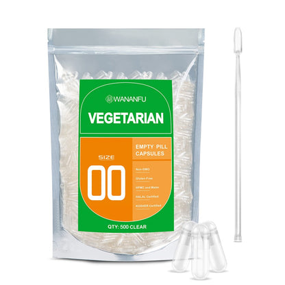 wananfu Size 00 Empty Capsules Vegetarian (500 Count) Bundle with Micro Lab Spoon, Clear Fillable Veggie Pill Capsules 00 for Making Your Own Supplements