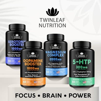 TWINLEAF NUTRITION Dopamine Brain Support Supplement, 1000 mg Blend - Made in USA - with DMAE, Vitamin B12 and L-Tyrosine - Enhance Mental Well-Being - 60 Capsules