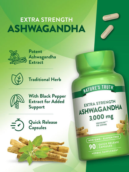 Nature's Truth Ashwagandha Capsules | 90 Count | Extra Strength | with Black Pepper | Non-GMO & Gluten Free Supplement