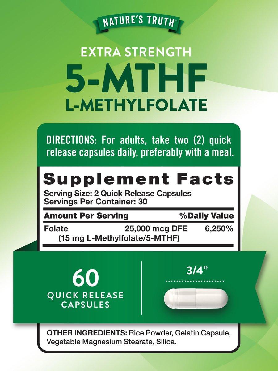Nature's Truth L Methylfolate 15mg | 60 Capsules | Non-GMO & Gluten Free Supplement | Extra Strength - görsel 3
