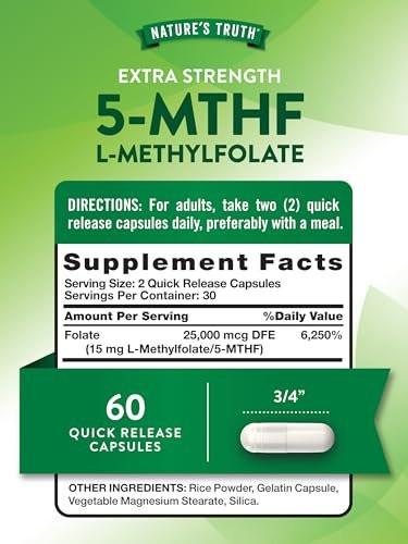 Nature's Truth L Methylfolate 15mg | 60 Capsules | Non-GMO & Gluten Free Supplement | Extra Strength - görsel 4