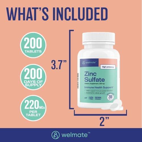 WELMATE Zinc Sulfate 220 mg (50 mg Elemental Zinc) High Potency Tablets, 200 Count (200 Day Supply) - Immune Support Dietary Supplement for Men & Women - Skin & Hair Health - Vegetarian, Gluten Free - görsel 2
