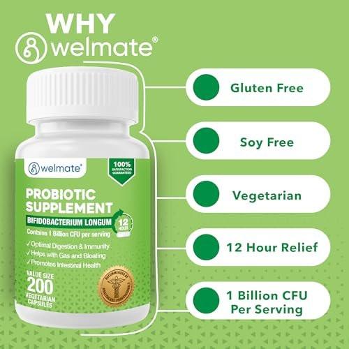WELMATE Bifidobacterium Longum 1 Billion CFU Probiotic Capsules - Gut Health, Immune Support, Gas & Bloating Relief - Gluten Free, Vegan - Men & Women - 200 Count (200 Day Supply) - görsel 3