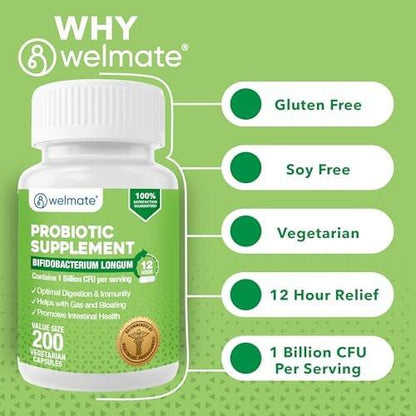 WELMATE Bifidobacterium Longum 1 Billion CFU Probiotic Capsules - Gut Health, Immune Support, Gas & Bloating Relief - Gluten Free, Vegan - Men & Women - 200 Count (200 Day Supply)