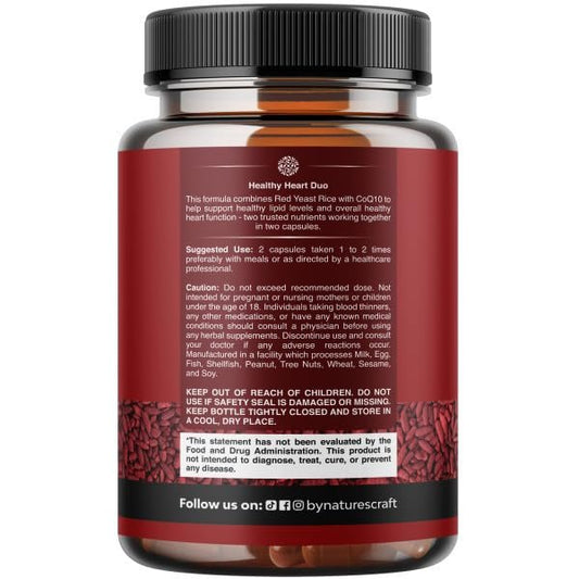 Natures Craft Red Yeast Rice with CoQ10 Supplement - Advanced Healthy Heart & Healthy Cholesterol Levels Formula for Men & Women - Red Yeast Rice Capsules with 1200 mg per Serving and CoQ10 - 120 Count