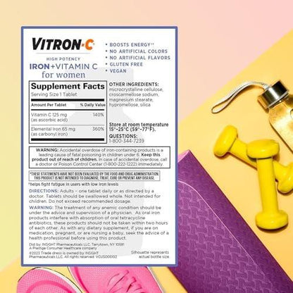 Vitron-C Iron Supplement for Women with Vitamin C, for Red Blood Cell Production & Immune Support, 60 Count