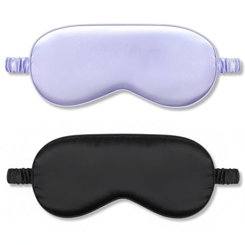2Pack Silk Sleep Mask, IEKEODI Eye Mask for Sleeping, Elastic Blackout Eye Mask & Blindfold for Full Night's Sleep, Travel and Nap (Black+Purple) - görsel 2