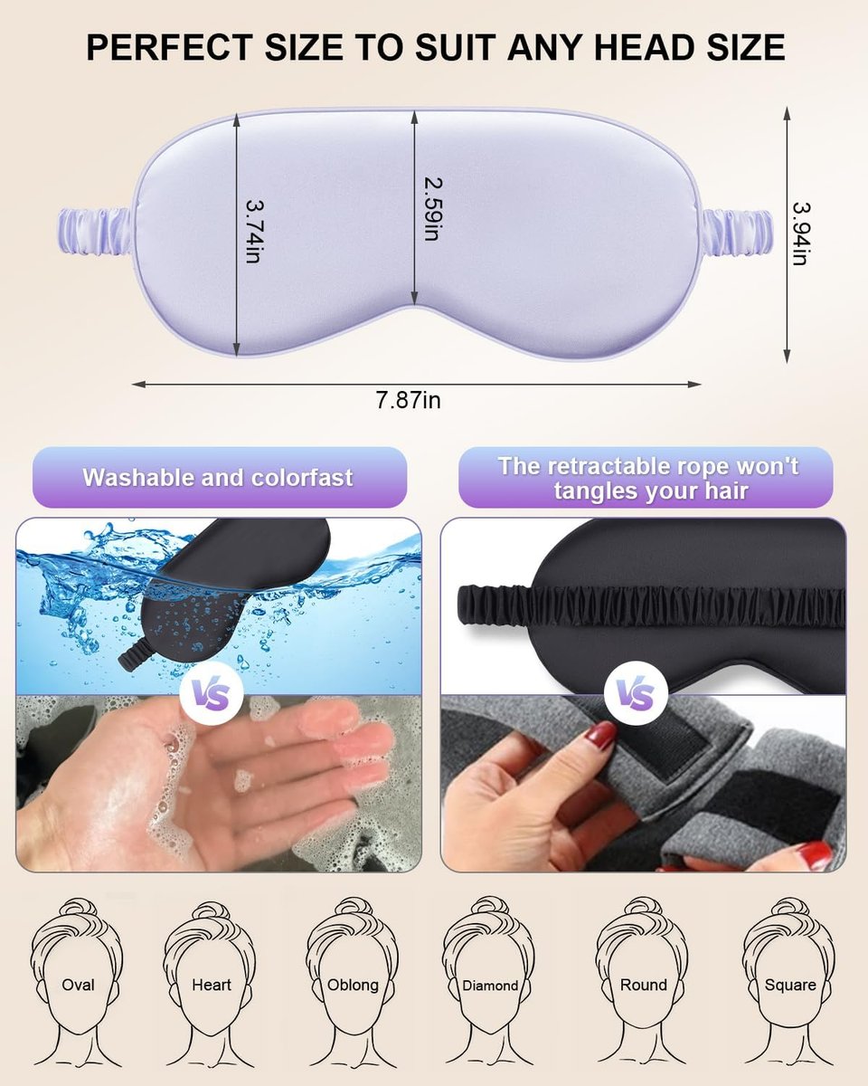 2Pack Silk Sleep Mask, IEKEODI Eye Mask for Sleeping, Elastic Blackout Eye Mask & Blindfold for Full Night's Sleep, Travel and Nap (Black+Purple) - görsel 3