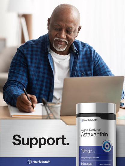 Horbäach Astaxanthin 10mg | 60 Softgels | Algae Derived Formula | Non-GMO, Gluten Free Supplement