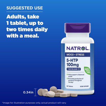 Natrol 5-HTP 100mg Time Release Tablets - Dietary Supplement for Mood and Stress Support, 90 Count