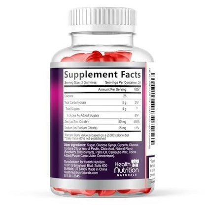 Zinc Gummies 50mg per Serving - Extra Strength Immune Support Antioxidant Gummy, Non-GMO & Gluten Free - Best Zinc Supplement for Skin Bone & Heart Health - Chewable Tasty Berry Flavor - 120 Gummies
