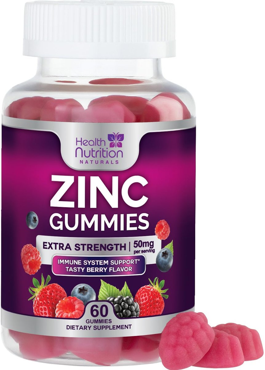 Zinc Gummies 50mg per Serving - Extra Strength Immune Support Antioxidant Gummy, Non-GMO & Gluten Free - Best Zinc Supplement for Skin Bone & Heart Health - Chewable Tasty Berry Flavor - 60 Gummies - görsel 1