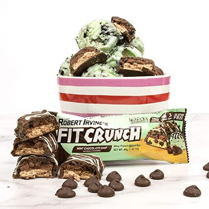FITCRUNCH Snack Size Protein Bars, Designed by Robert Irvine, 6-Layer Baked Bar, 3g of Sugar, Gluten Free & Soft Cake Core (6 Bars, Mint Chocolate Chip)