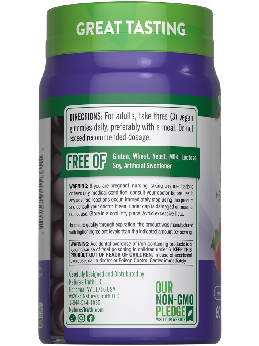 Nature's Truth Iron Gummies | 60 Count | – Allergen Information: Free from gluten, soy, dairy, and artificial – Image 13