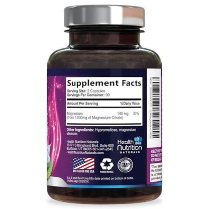 Magnesium Citrate 1000mg Per Serving - Max Absorption Magnesium Powder Capsules for Muscle, Nerve, Bone and Heart Health Support, High Absorption Citrate Complex, Gluten Free, Non-GMO - 180 Capsules