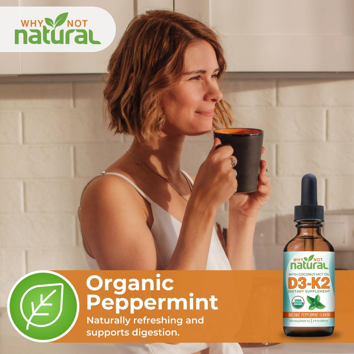 Why Not Natural Organic Vitamin D3 K2 (MK-7) Liquid Drops, 5000 IU of Sublingual D3 with Coconut MCT Oil, for Strong Bones and Teeth, Heart and Immune Support - görsel 4
