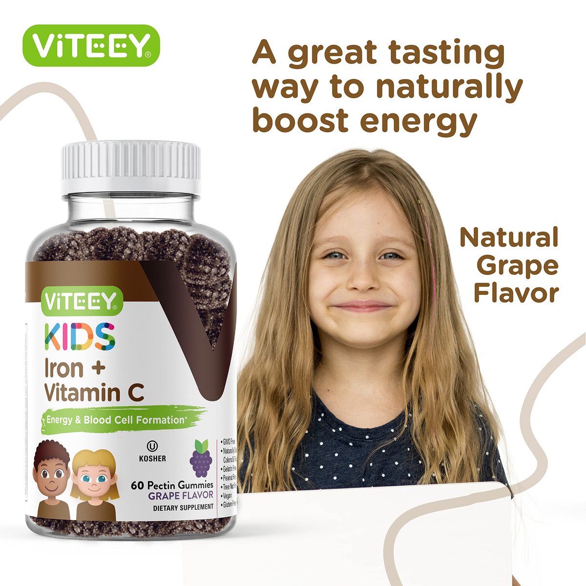 Viteey Iron Gummies for Kids with Vitamin C - Supports Energy, Blood Cell Formulation, Blood Builder Anemia Kids Iron Supplements - Vegan, Gelatin Free, Gluten Free - Tasty Chewable Grape Flavored - görsel 11