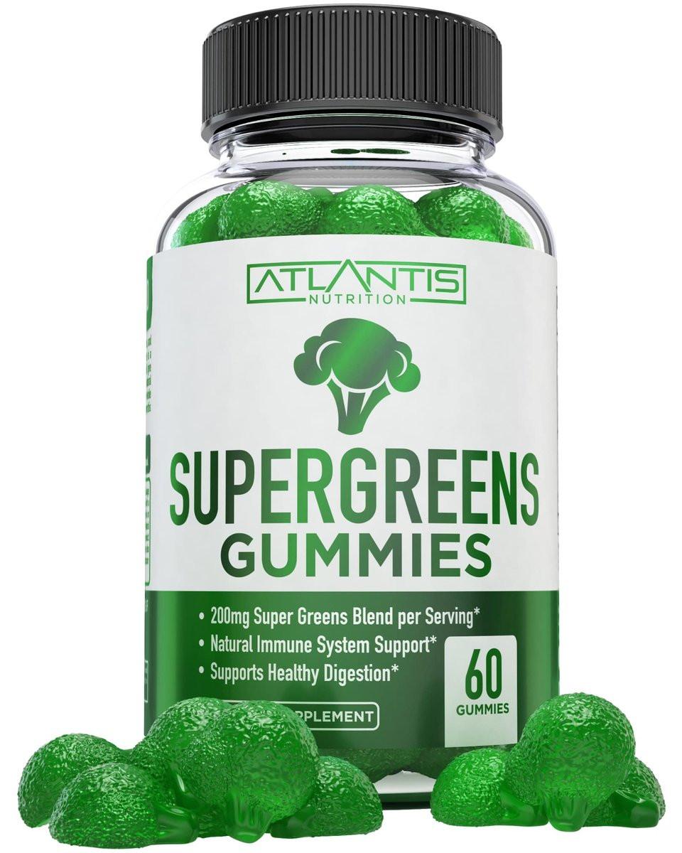 Atlantis Nutrition Supergreens Gummies - Daily Green Superfoods Supplement with Spinach, Broccoli, Moringa, Beet Root, Celery, Green Tea, & Acai for Immunity Support - Natural Raspberry Flavor, 60 cnt - görsel 1