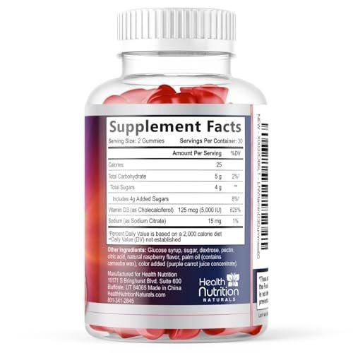 Vitamin D3 Gummies 125 mcg (5000 IU) Per Serving - 3X Strength Immune Support & Bone Support, Vitamin D Gummy Dietary Supplement, Nature's Berry D Vitamin Supplement, Raspberry Flavored - 120 Gummies - görsel 12