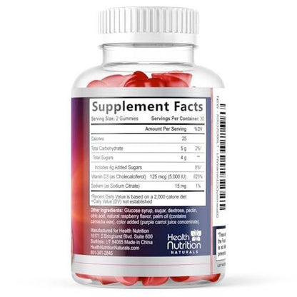 Vitamin D3 Gummies 125 mcg (5000 IU) Per Serving - 3X Strength Immune Support & Bone Support, Vitamin D Gummy Dietary Supplement, Nature's Berry D Vitamin Supplement, Raspberry Flavored - 120 Gummies
