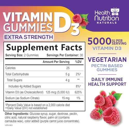 Vitamin D3 Gummies 125 mcg (5000 IU) Per Serving - 3X Strength Immune Support & Bone Support, Vitamin D Gummy Dietary Supplement, Nature's Berry D Vitamin Supplement, Raspberry Flavored - 60 Gummies - görsel 4