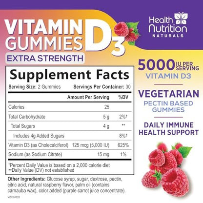 Vitamin D3 Gummies 125 mcg (5000 IU) Per Serving - 3X Strength Immune Support & Bone Support, Vitamin D Gummy Dietary Supplement, Nature's Berry D Vitamin Supplement, Raspberry Flavored - 60 Gummies