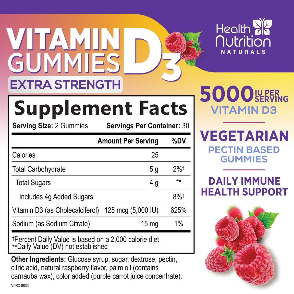 Vitamin D3 Gummies 125 mcg (5000 IU) Per Serving - 3X Strength Immune Support & Bone Support, Vitamin D Gummy Dietary Supplement, Nature's Berry D Vitamin Supplement, Raspberry Flavored - 60 Gummies - görsel 3