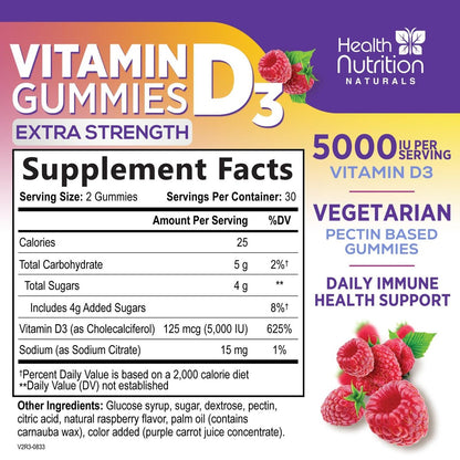 Vitamin D3 Gummies 125 mcg (5000 IU) Per Serving - 3X Strength Immune Support & Bone Support, Vitamin D Gummy Dietary Supplement, Nature's Berry D Vitamin Supplement, Raspberry Flavored - 60 Gummies