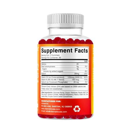 Vitamatic Vitamin D3 + K2 Gummies – 60 Count | Supports Bone, Heart & Immune Health – Promotes Calcium Absorption – Plant-Based, Non-GMO, Gluten-Free