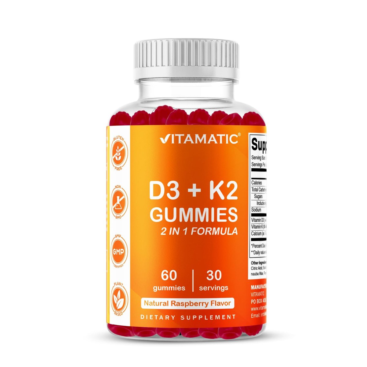 Vitamatic Vitamin D3 + K2 Gummies – 60 Count | Supports Bone, Heart & Immune Health – Promotes Calcium Absorption – Plant-Based, Non-GMO, Gluten-Free - görsel 1