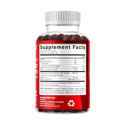 Vitamatic Cranberry Gummies with D-Mannose, Probiotics, Vitamin C – Plant-Based Botanical Extract – Vegan, Non-GMO – 60 Count - görsel 7