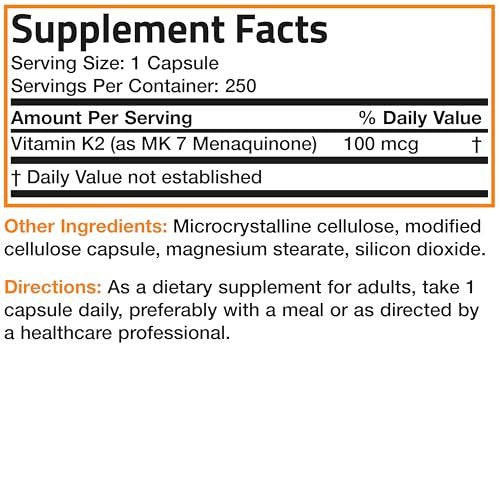 Bronson Vitamin K2 as MK-7 Menaquinone 100 – Other Ingredients: Rice flour, hypromellose (capsule), vegetable – Image 10