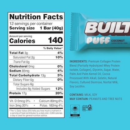 BUILT Bar Puff Protein Bars - Coconut - 17g Protein Snack Bars with Collagen - Calorie Conscious & Gluten Free - 12 Count