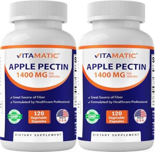 Vitamatic Apple Pectin 1400 mg per 2 Capsules – 120 Vegetarian Capsules per Bottle | 2-Pack (240 Vegetarian Capsules) Natural Dietary Fiber Supplement – Supports Digestive Health & Regularity* - görsel 1