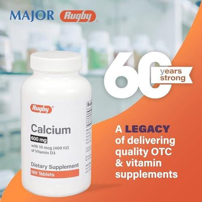 Rugby 600mg Calcium Tablets - Made with 10mcg (400IU) of Vitamin D3 - Dietary Supplement - 180 Count (1 Pack)