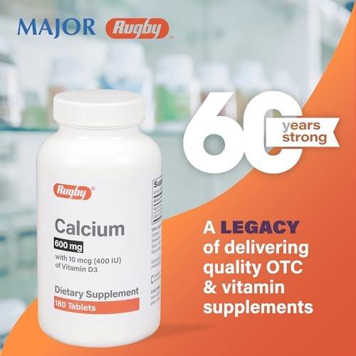 Rugby 600mg Calcium Tablets - Made with 10mcg (400IU) of Vitamin D3 - Dietary Supplement - 180 Count (1 Pack) - görsel 5