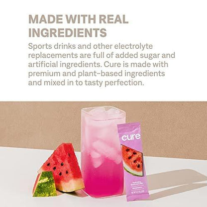 Cure Hydration | Plant-Based Electrolyte Drink Mix | No Added Sugar | FSA-HSA | Dehydration Relief Powder Made with Coconut Water | Non-GMO | Vegan | Box of 8 Packets - Watermelon