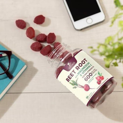 Beet Root Supplement Gummies - Superfood with Beetroot Extract Powder with Vitamin C & Magnesium - Supports Energy Heart Health & Nitric Oxide Production - Red Beets Supplements Gummy - 60 Gummies
