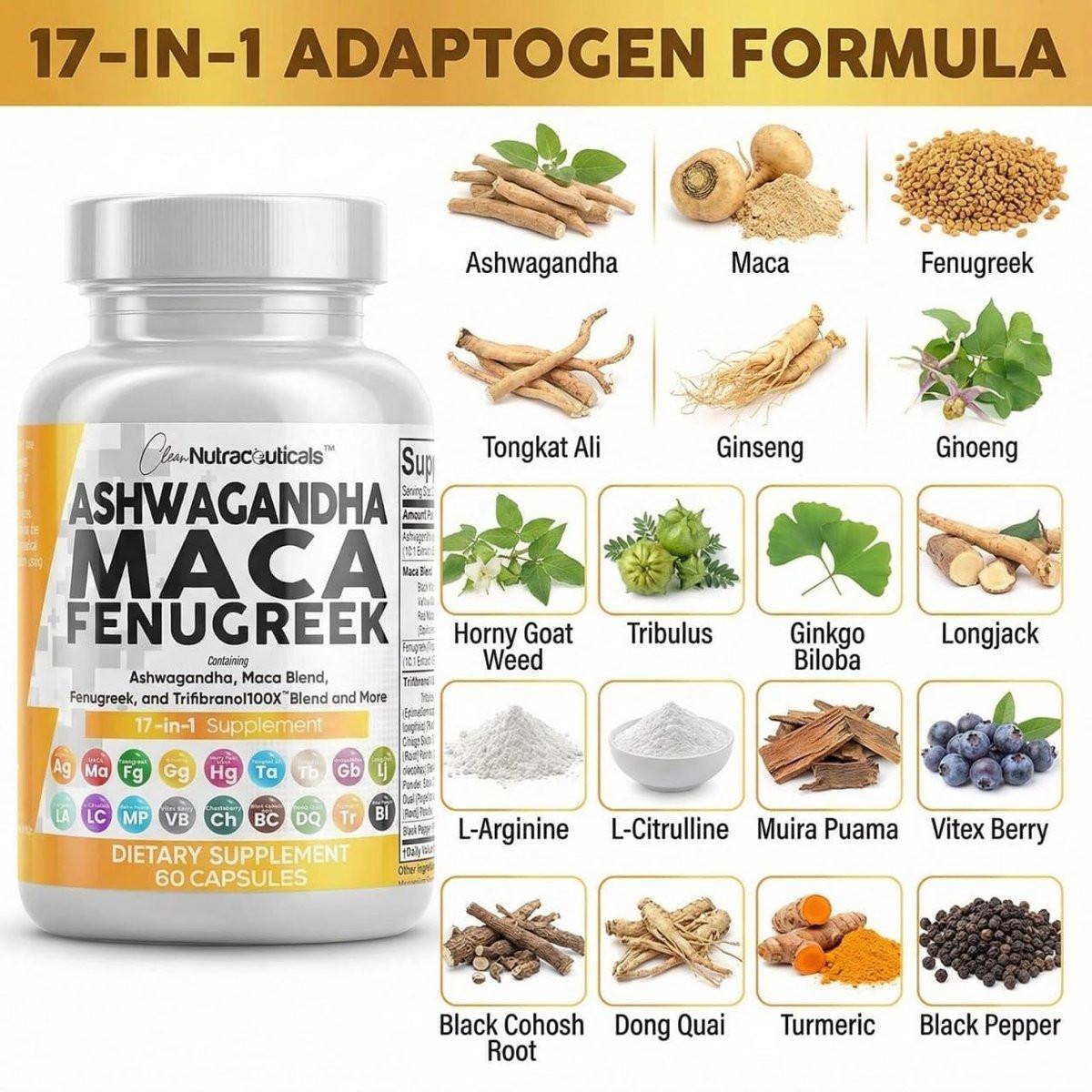 Clean Nutraceuticals Ashwagandha Maca Root Fenugreek Supplement with Tongkat Ali Ginseng - Assists with Stress, Mood & Thyroid - Ashwagandha Capsules Fenugreek Caps - 1 Pack - görsel 8