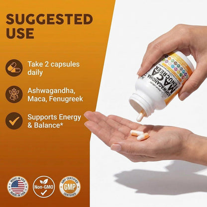 Clean Nutraceuticals Ashwagandha Maca Root Fenugreek Supplement with Tongkat Ali Ginseng - Assists with Stress, Mood & Thyroid - Ashwagandha Capsules Fenugreek Caps - 1 Pack