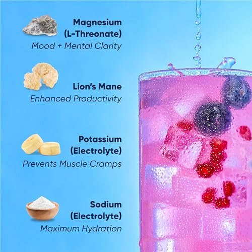 IQMIX Hydration Electrolyte Powder – 4-in-1 Formula for Hydration, Mental Clarity, Mood and Recovery – Sugar-Free Drink Mix, Keto, Magnesium L-Threonate, Lion’s Mane – 20 Count Blueberry Pomegranate - görsel 9