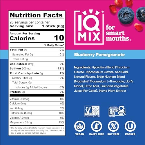 IQMIX Hydration Electrolyte Powder – 4-in-1 Formula for Hydration, Mental Clarity, Mood and Recovery – Sugar-Free Drink Mix, Keto, Magnesium L-Threonate, Lion’s Mane – 20 Count Blueberry Pomegranate - görsel 3