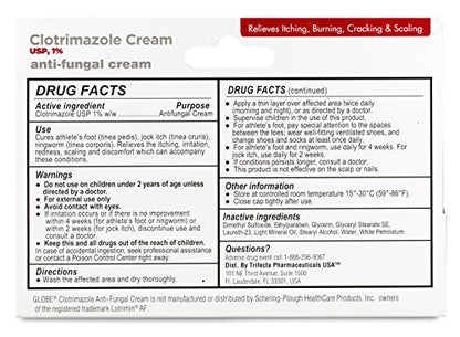 Globe Clotrimazole Antifungal Cream 1% USP, 1 oz (4 Pack) - Anti Fungal Treatment for Athlete's Foot, Jock Itch, Ringworm & More