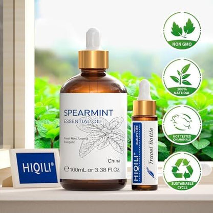 HIQILI 100ML Spearmint Oil for Skin Care, Facial, Can be Added to Lotions, Creams -100% Pure Natural Treatment Grade - 3.38 Fl Oz