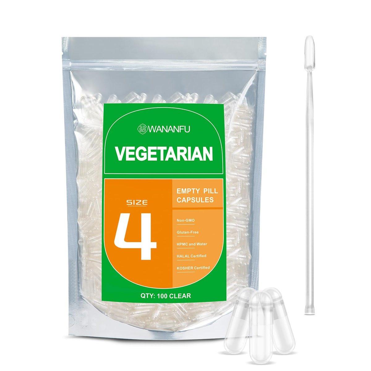wananfu Size 4 Empty Capsules Vegetarian (100 Count) Bundle with 2 Micro Lab Spoons, Clear Fillable Veggie Pill Capsules Size 4 for Making Your Own Supplements - görsel 1