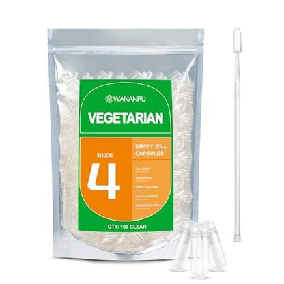 wananfu Size 4 Empty Capsules Vegetarian (100 Count) Bundle with 2 Micro Lab Spoons, Clear Fillable Veggie Pill Capsules Size 4 for Making Your Own Supplements
