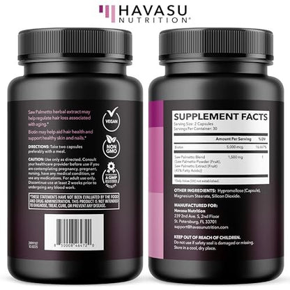 Saw Palmetto for Women with Biotin 5000mcg - Powerful DHT Blocker to Support Hair, Skin, and Nail Health - 60 Count - Vegan, Non-GMO Vitamin for Stronger, Fuller Looking Locks - 1 Month Supply