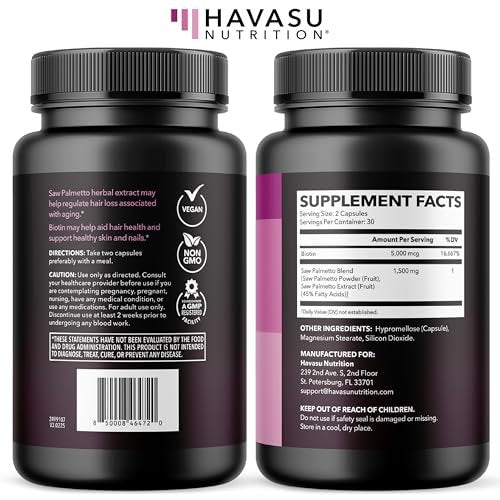 Saw Palmetto for Women with Biotin 5000mcg - Powerful DHT Blocker to Support Hair, Skin, and Nail Health - 60 Count - Vegan, Non-GMO Vitamin for Stronger, Fuller Looking Locks - 1 Month Supply - görsel 12