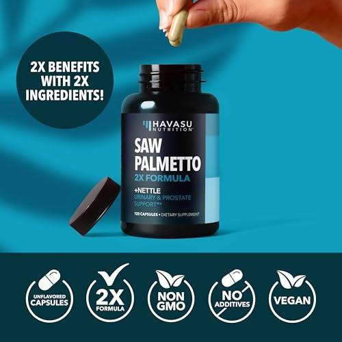 Saw Palmetto with Stinging Nettle Capsules - 2X Prostate Support Supplement for Men’s Health - 120 Count - DHT Blocker for Urinary Tract Function and Hair - Vegan, Non-GMO - 2 Month Supply - görsel 11